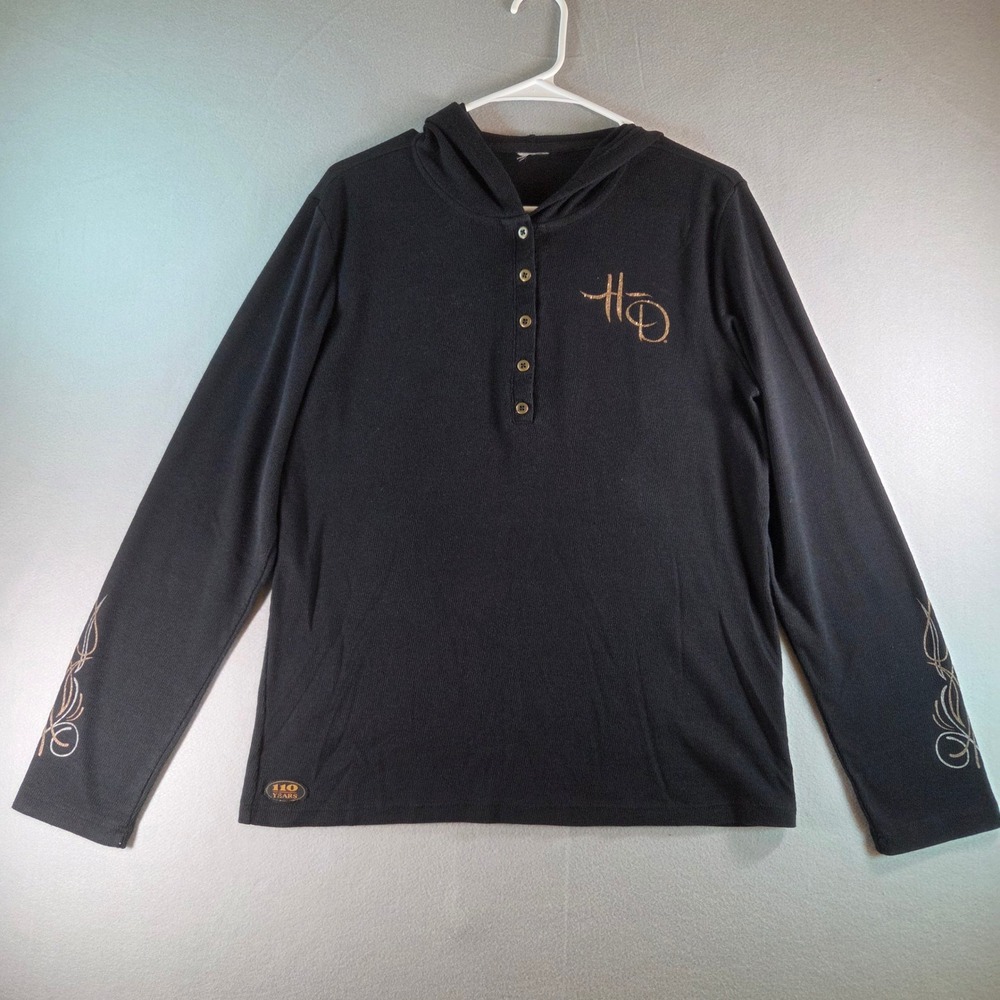 Harley-Davidson 110th Anniversary Black Knit Henley Hoodie Women Large? Biker